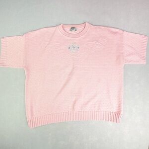 Vintage Pink Short Sleeve Floral Embroidery Sweater 2X CottageCore 80s 90s Retro